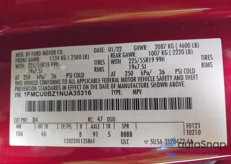 2022 Ford Escape Se Hybrid z USA, uszkodzony, nr VIN 1FMCU0BZ1NUA35316